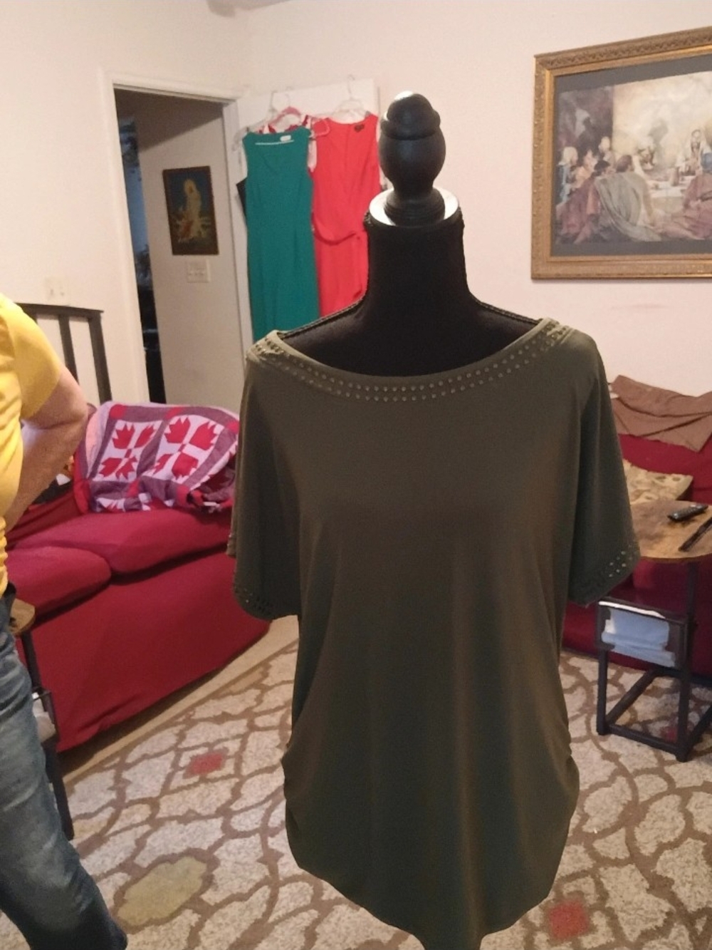 Espresso Olive Green Short Sleeve Tee with Stud Trim